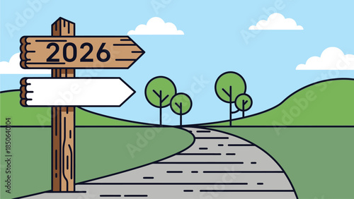 A winding road leads to a bright future with a signpost indicating 2026 direction