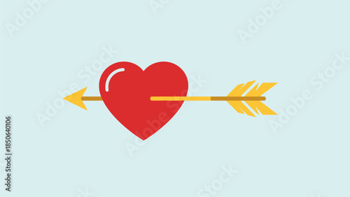 A red heart pierced by a golden arrow, symbolizing eternal love and affection, on a soft, serene background