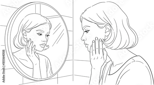 Woman examining her face in the mirror with skincare routine illustration