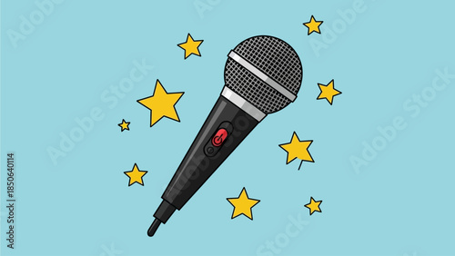 Microphone surrounded by yellow stars on a blue background in an artistic illustration