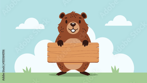 A cartoon beaver holding a wooden sign in a serene landscape