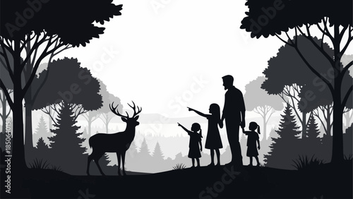 Family observing a majestic deer in a serene forest landscape silhouette.