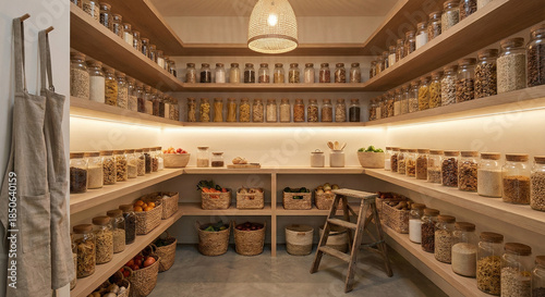 Interior design photography of a modern minimalist kitchen pantry, glass jars filled with grains and pasta, no plastic, wooden shelves, warm ambient lighting, organized and satisfying