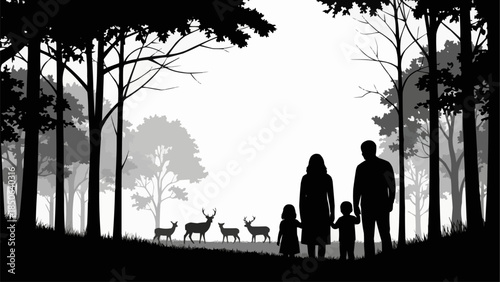 Family enjoying a nature walk observing deer in the forest.