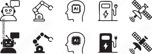 Industrial Automation Icons, Smart Factory Icons, Robotic Arm Icons, Engineering Technology Icons, Line & Solid Tech Icons, Modern Technology Icon Pack.