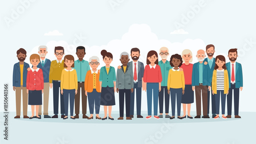 Diverse group of people standing together in a line, showcasing unity and togetherness in a modern setting, 87e5425e concept illustration