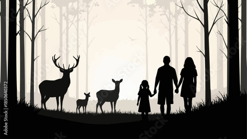 Family and Deer Silhouettes in a Forest.