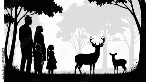 Family Observing Deer in a Forest Silhouette.