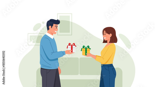Man and woman exchanging gifts in a serene living room environment