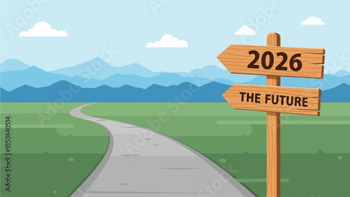 A winding road leads to the future signpost in 2026, symbolizing progress and journey