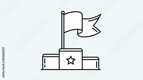 A simple line art illustration of a flag on a pole with a star symbol on a podium