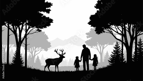 Father and two daughters encounter a majestic deer in a serene forest setting.