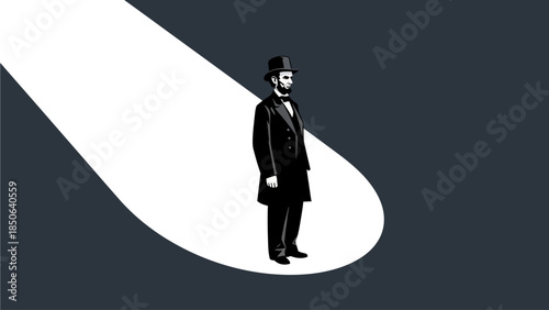 Man in formal attire standing alone under a spotlight on a dark background