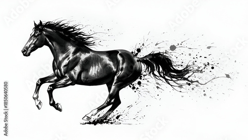 Horse zodiac illustration in powerful ink art style inspired by chinese lunar calendar tradition symbolizing motion strength freedom energy culture mythology spiritual expression