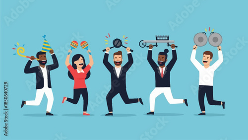 Diverse group of people enthusiastically dancing and celebrating with musical instruments in a vibrant setting