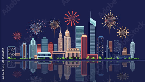 Cityscape illustration of a vibrant urban landscape at dusk with fireworks exploding above the skyscrapers and reflecting off the water