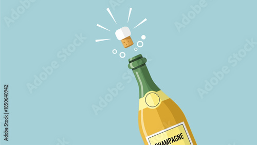Celebratory champagne bottle popping with cork flying out against light blue background