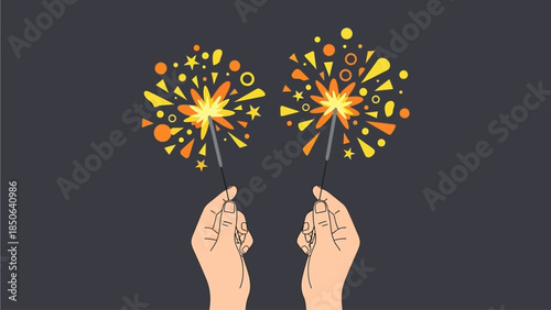 Hands holding sparklers with vibrant fireworks exploding in the dark evening sky
