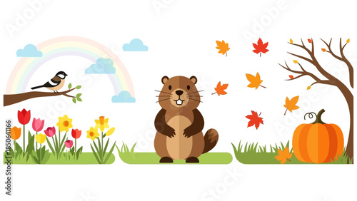 Illustration of a bear standing in a field with flowers, rainbow, and autumn leaves