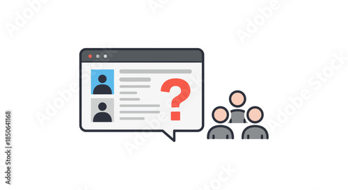 online community asking question in website chat window flat vector illustration of customer support and faq help concept for ui design