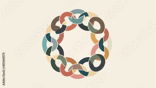 Interconnected chains forming a circular pattern in various earthy tones on a beige background