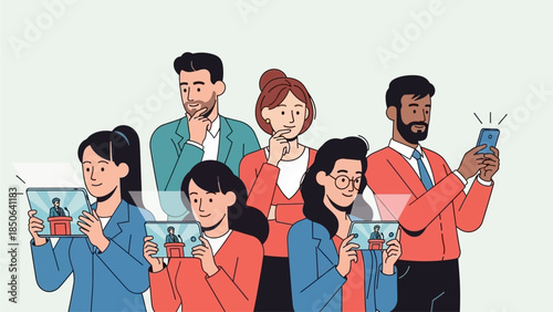 Group of diverse professionals using digital devices in a modern setting