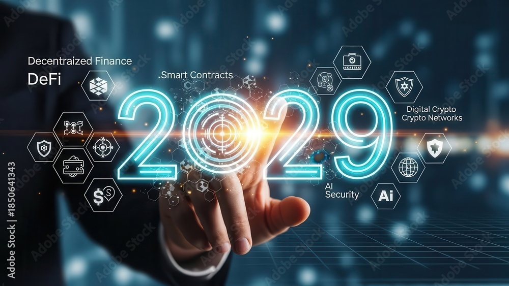 Fototapeta premium Hand touching futuristic 2029 hologram with DeFi, AI, and crypto network icons