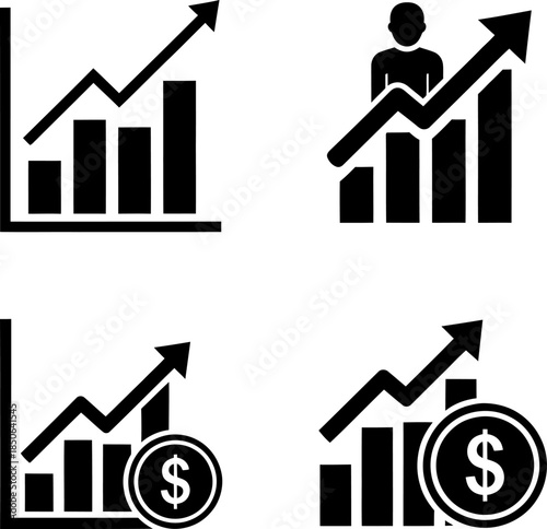 Financial Growth Icons with Dollar Signs and Human Elements in Black Silhouette