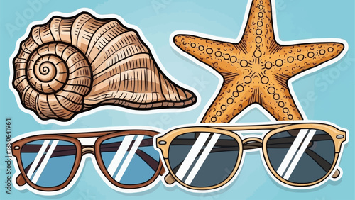 Seashell starfish and sunglasses for summer vacation.