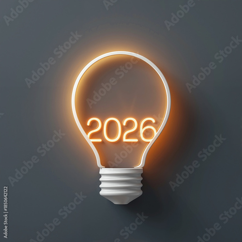 Modern Minimalist Lightbulb Vector Illustration with Glowing 2026 Filament on Dark Slate Grey Background, New Year Tech Concept with Spotlight Effect