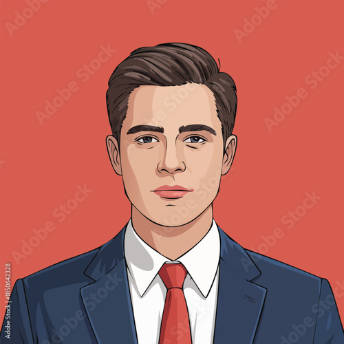 Portrait of a man in a dark suit and red tie.