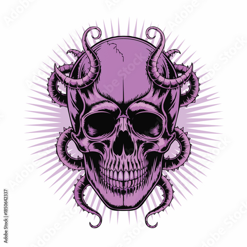 Purple Horned Skull with Snakes Illustration.