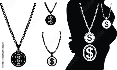 Dollar sign pendant necklace icon set, black silhouette illustration of jewelry styles, fashion accessories, and wealth symbolism concept graphic