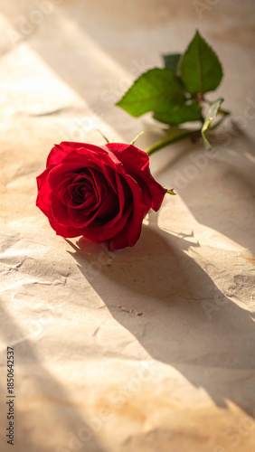 Single red rose casting soft shadow background