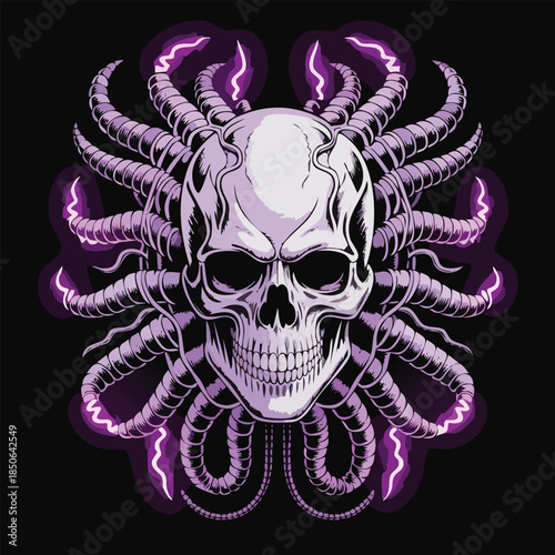 Purple Tentacled Skull Illustration with Neon Accents.