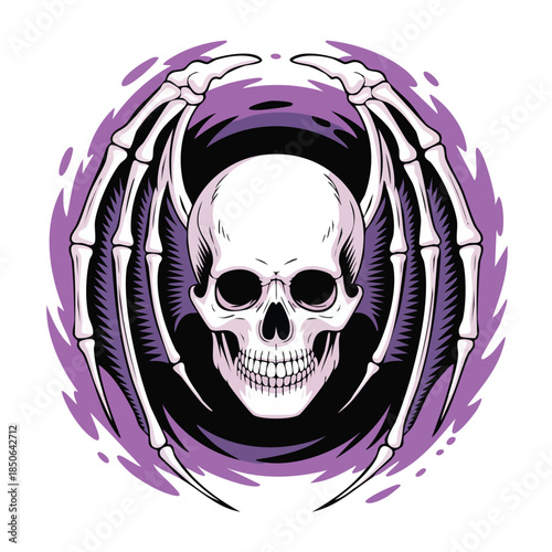 Skull encircled by skeletal ribs forming circular frame.