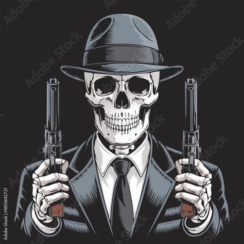 Skull Gangster Portrait with Dual Pistols in Suit and Hat.