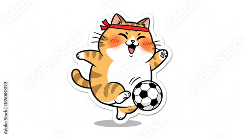 Cute Cat Playing Soccer Happy Feline Kicking Ball Sports Fun.