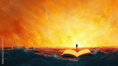 Solitary figure standing on an open book floating on a turbulent sea beneath a radiant golden sky, evoking wonder, hope and introspection