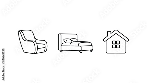 Simple outline icons representing furniture and housing needs for real estate or interior design concepts