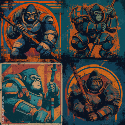 Powerful gorilla warrior characters illustrated in bold textured style showing strength combat readiness and heroic fantasy aesthetics for game and mascot concepts.