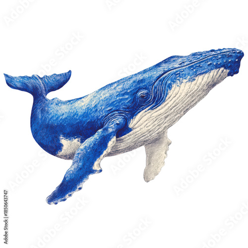Majestic blue humpback whale swimming on a white background.