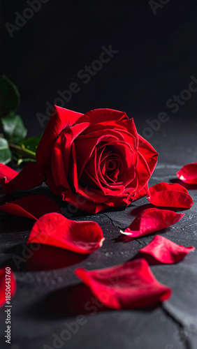Red rose in bloom with scattered petals background