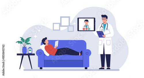 A doctor consulting with a patient remotely in a modern living room setting