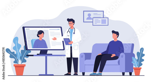 Doctor consulting with patient remotely on a computer in a modern office setting