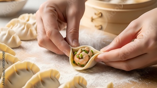 Hands of Chef Preparing Fresh Homemade Dumplings or Gyoza with Shrimp Filling on Flour Covered Wooden Table for Lunar New Year