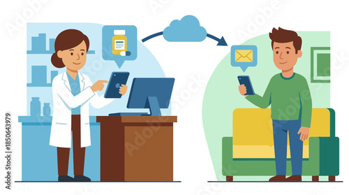 A doctor and patient communicating remotely through digital devices in a modern setting