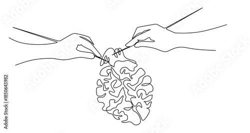 Brain line drawing with detailed contour lines and thread stitches, symbolizing mental repair and healing in a creative and refined style.