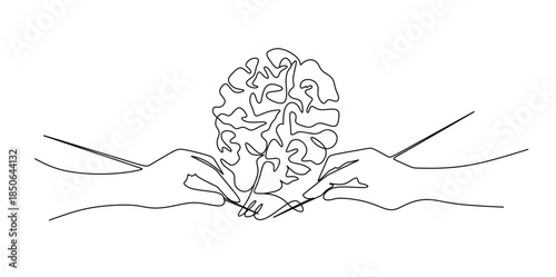 Brain line drawing with detailed contour lines and thread stitches, symbolizing mental repair and healing in a creative and refined style.