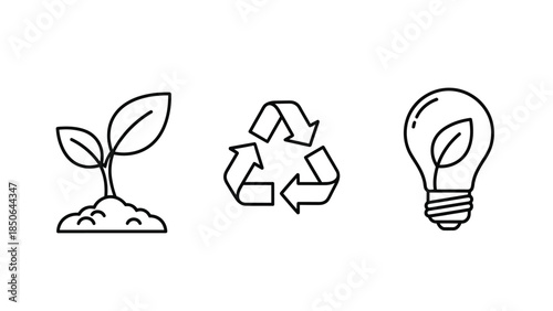 Set of three black outline icons representing environmental concepts like growth recycling and green energy solutions